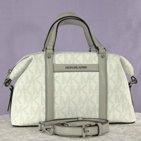 Michael Kors Small Satchel Crossbody White MK Logo Gray Trim NWOT - Picture 1 of 8